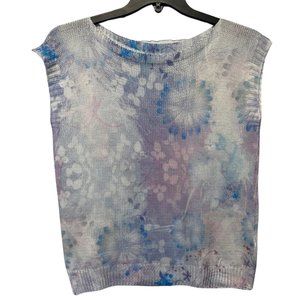 Luisa Ricci Watercolor White Blue Purple Flower Swirls Sleeveless Sweater